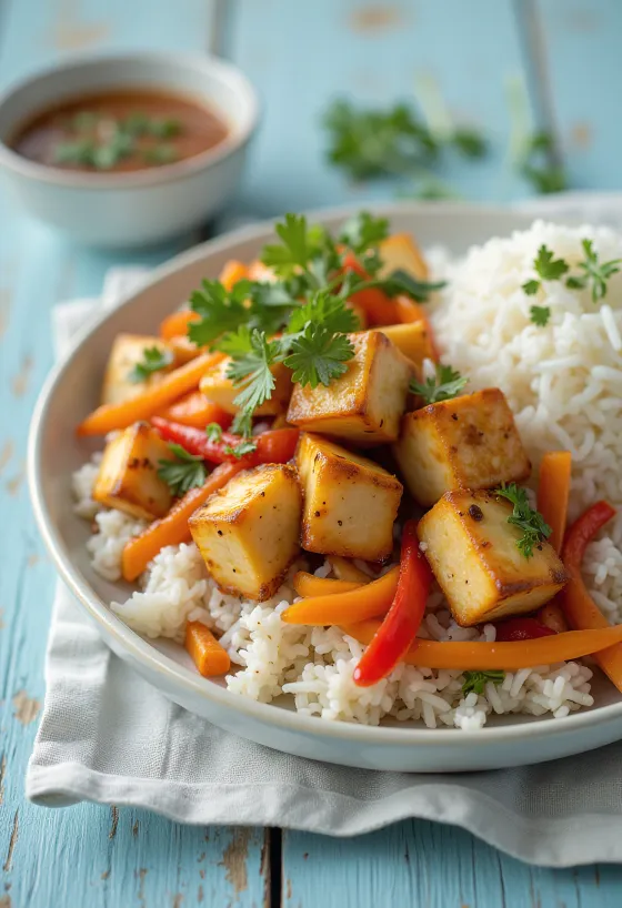 Tahu Pedas dengan Sayuran dan Nasi disajikan