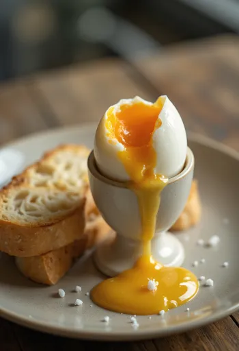 Telur setengah matang rebus segar, disajikan untuk sarapan.