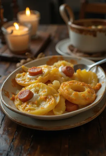 Casserole kentang berlapis dengan sosis dan telur, dengan krim asam di atasnya.