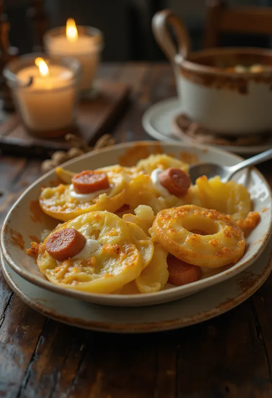 Casserole kentang berlapis dengan sosis dan telur, dengan krim asam di atasnya.