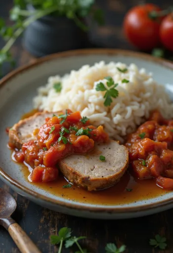 Daging sapi dengan lecsó dan nasi kukus disajikan