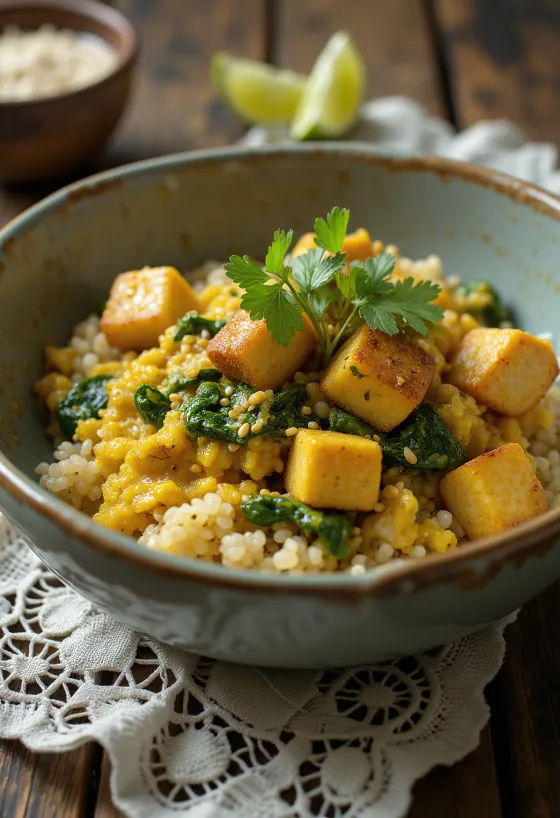 Kari quinoa bayam dengan tahu