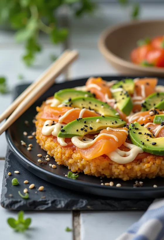 Sushi pizza dengan dasar nasi Jepang, salmon, dan alpukat
