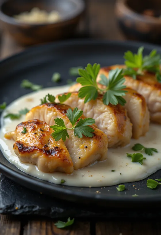 Dada ayam dengan saus krim asam adas sowa disajikan