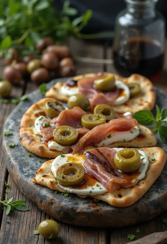 Piadina dengan daging sapi asap dan zaitun hijau disajikan