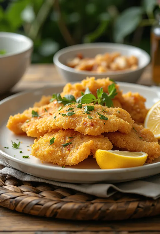 Fillet lele goreng lemak bebek, dihiasi lemon dan peterseli