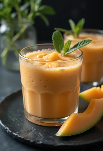 Smoothie melon cantaloupe disajikan dalam gelas
