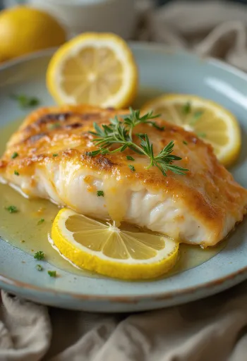 Ikan panggang disajikan dengan saus lemon