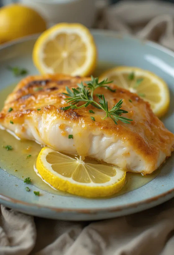 Ikan panggang disajikan dengan saus lemon