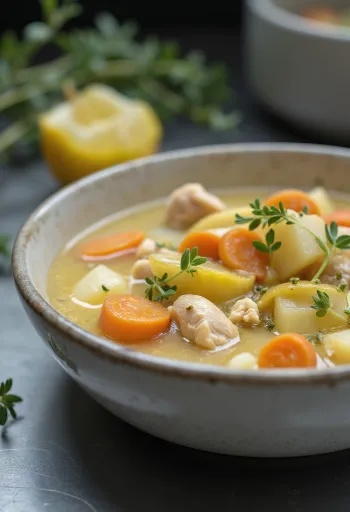 Sup ragout tarragon krim dengan daging ayam, sayuran, dan dihiasi tarragon segar.
