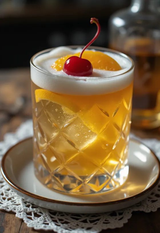 Koktail Whisky Sour dihiasi dengan irisan jeruk dan ceri koktail