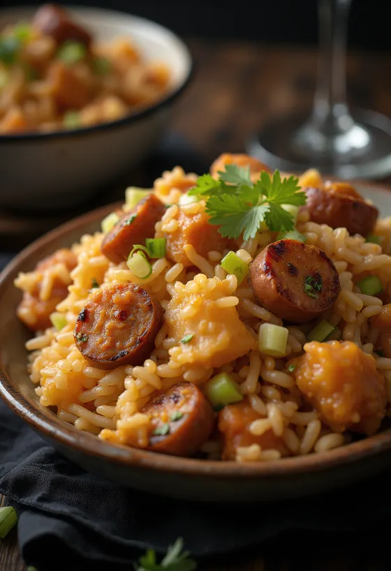 Sajian nasi jambalaya dengan potongan daging sapi dan sosis