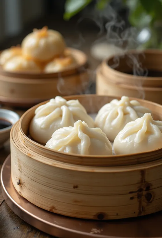 Baozi kukus Cina disajikan di pengukus bambu, dengan adonan tertutup rapat