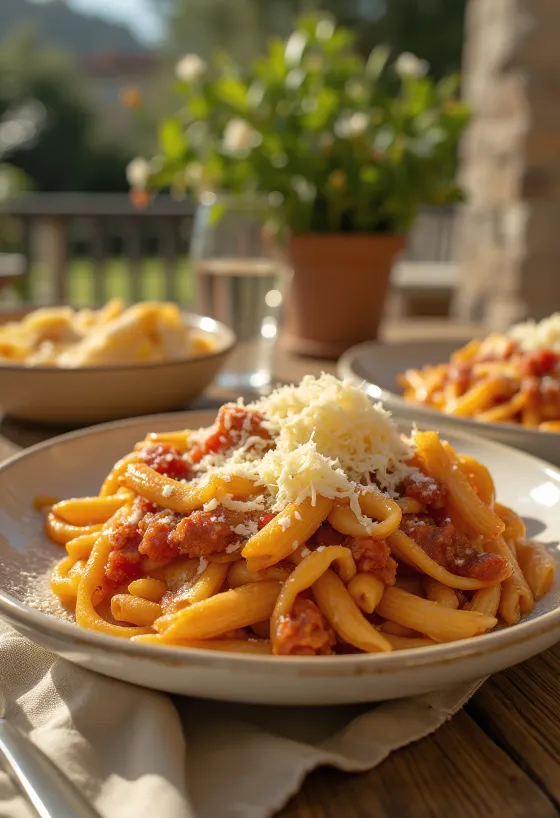 Pasta terong dengan saus tomat berkuah dan disajikan dengan basil segar