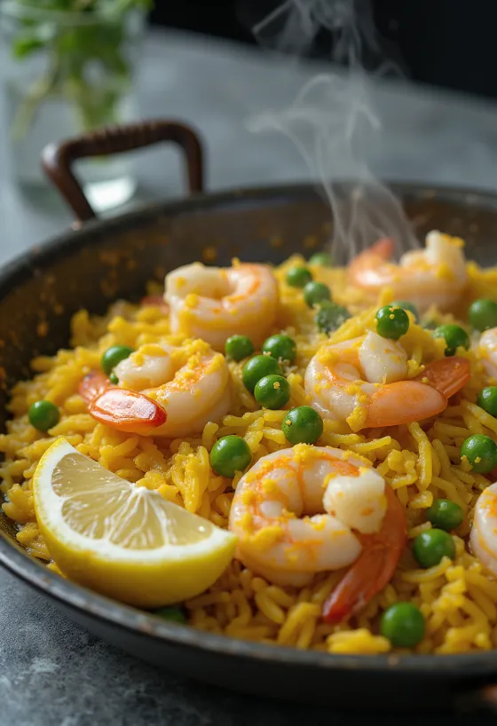 Paella Spanyol dengan makanan laut segar, sayuran, dan safron