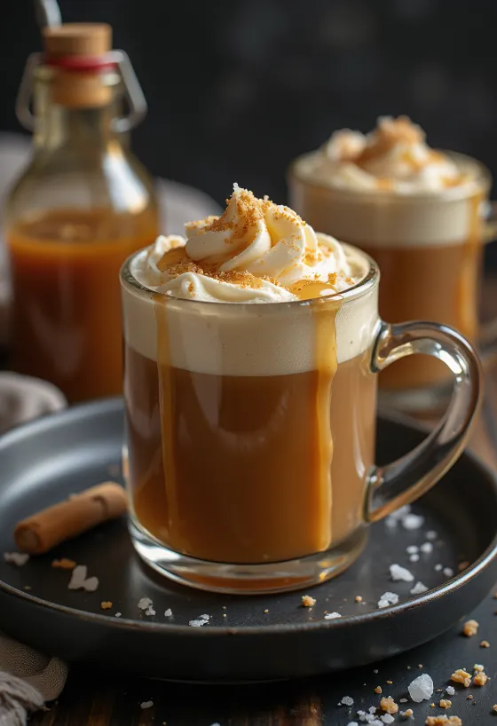 Cider karamel asin disajikan dalam gelas