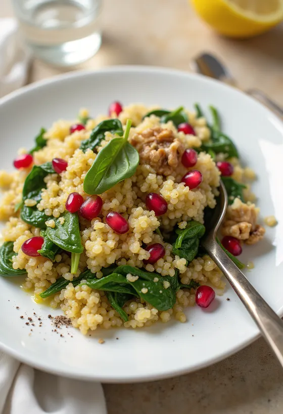 Salad quinoa bayam dengan delima
