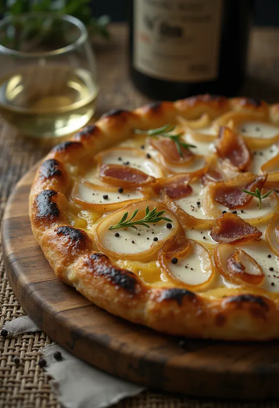 Tarte flambée dengan krim asam, bawang, dan daging sapi asap
