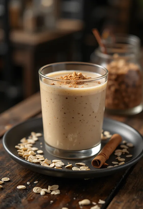 Smoothie oatmeal dalam gelas tinggi, dihiasi dengan oatmeal dan kayu manis
