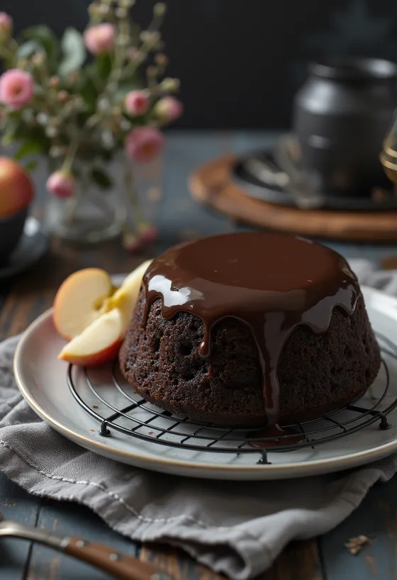 Kue cokelat apel dalam penyajian elegan
