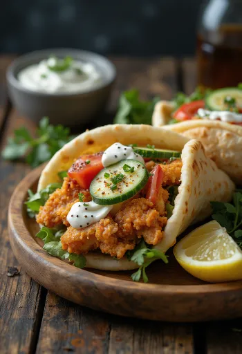 Gyros ayam disajikan dengan sayuran segar, saus tzatziki, dan roti pita.