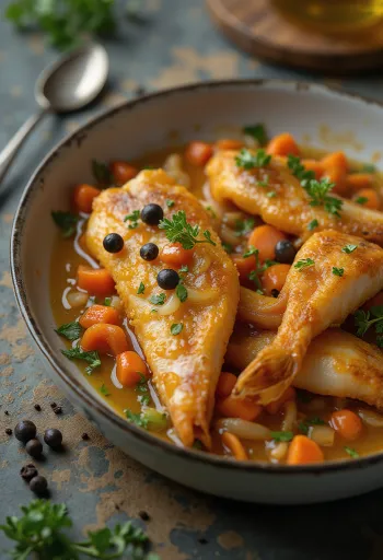 Ikan escabeche disajikan dengan sayuran