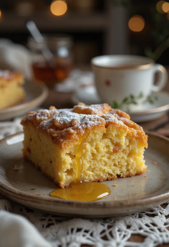 Kue jahe cokelat keemasan dengan tekstur lembut, ditaburi gula bubuk