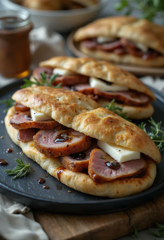 Piadina dengan dada bebek panggang dan camembert disajikan