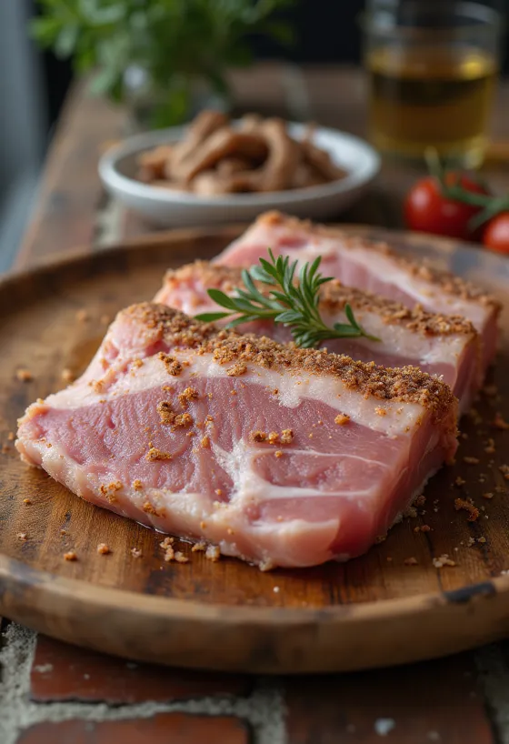 Daging sapi asin curring disajikan di atas papan kayu