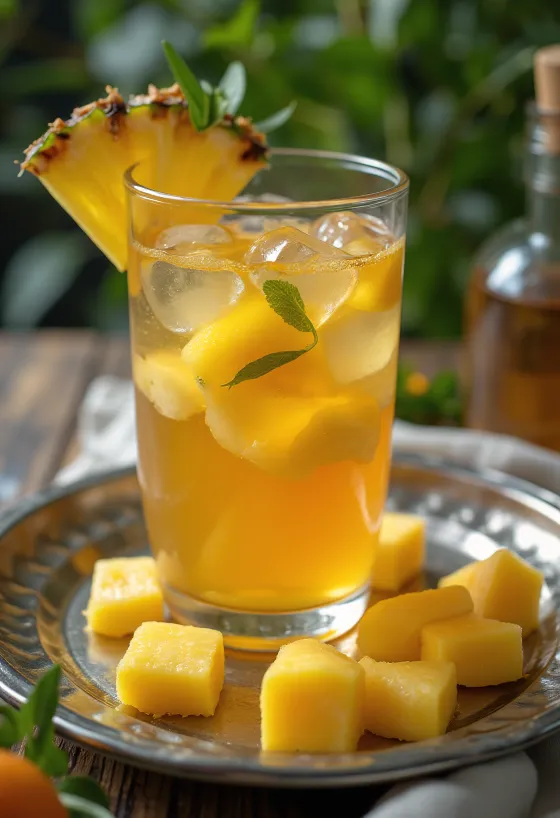Teh buah tropis disajikan dalam gelas
