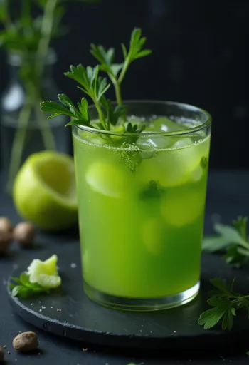 Jus seledri dalam gelas tinggi, dihiasi dengan batang seledri segar dan buah-buahan