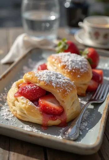 Strudel stroberi yang baru dipanggang dan renyah ditaburi gula halus.