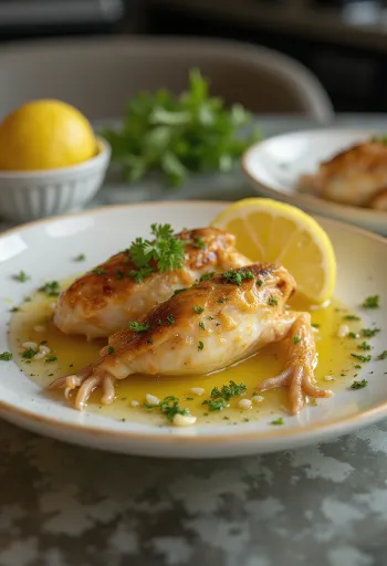 Kaki katak dengan mentega bawang putih disajikan dengan peterseli segar dan lemon.