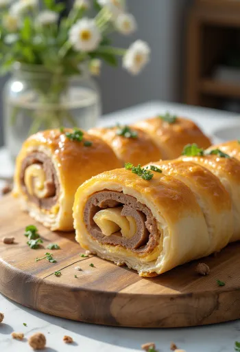 Gulungan daging panggang cokelat keemasan, disajikan dengan sayuran segar dan saus