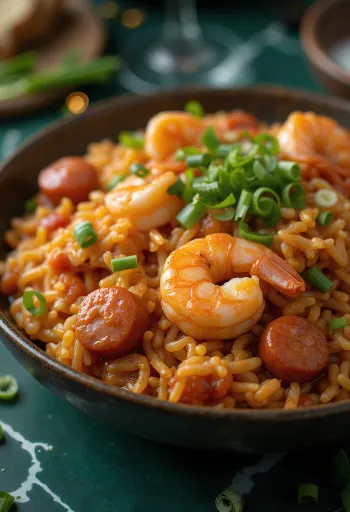 Hidangan nasi dengan udang merah muda, sosis, dan sayuran
