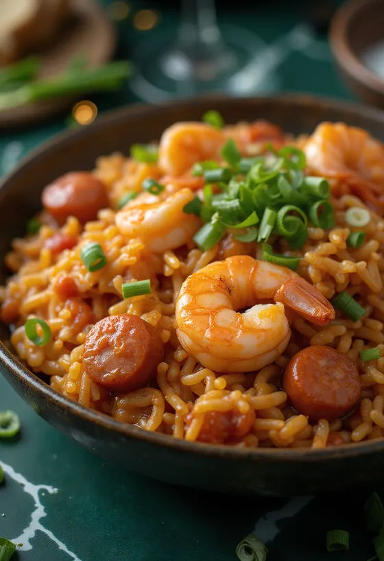 Hidangan nasi dengan udang merah muda, sosis, dan sayuran