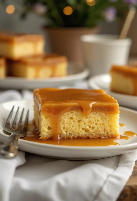 Potongan kue karamel dengan saus