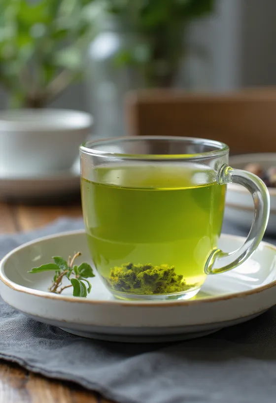 Teh hijau mint segar dalam mug dengan lemon dan madu