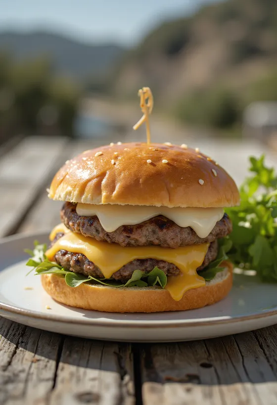 Hamburger keju Monterey Jack dengan patty daging saftig dan keju Monterey Jack meleleh