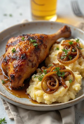 Bebek panggang disajikan dengan kentang tumbuk bawang