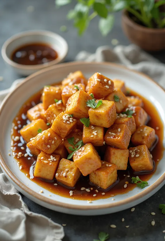 Tahu goreng dengan saus bawang putih