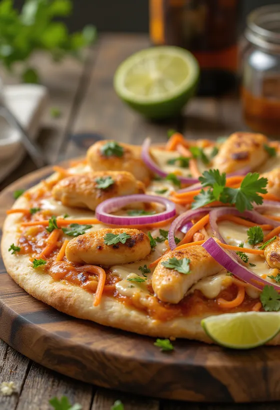 Thai chicken pizza dengan saus kacang dan ketumbar