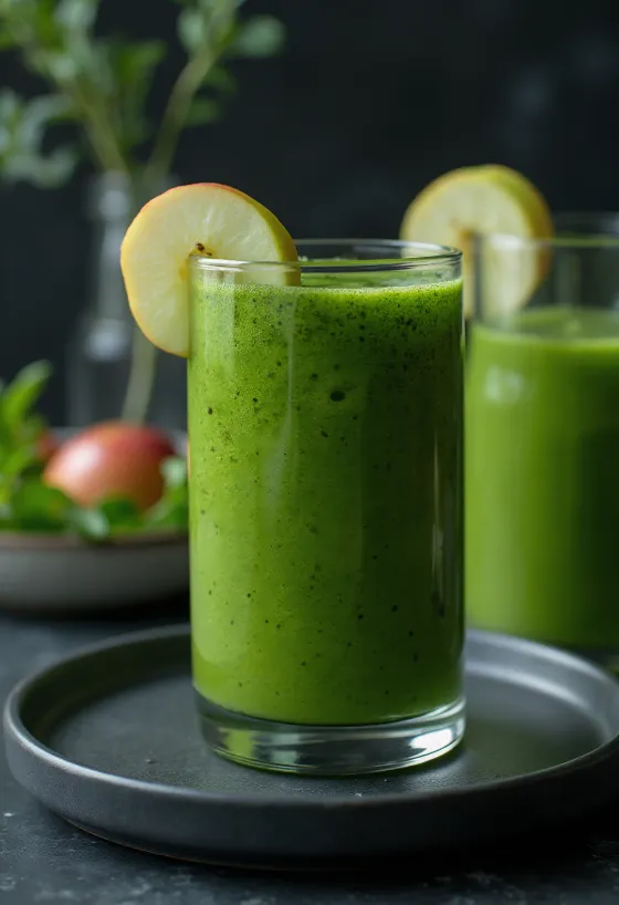 Smoothie hijau dalam gelas tinggi, dihiasi dengan sayuran segar dan buah-buahan