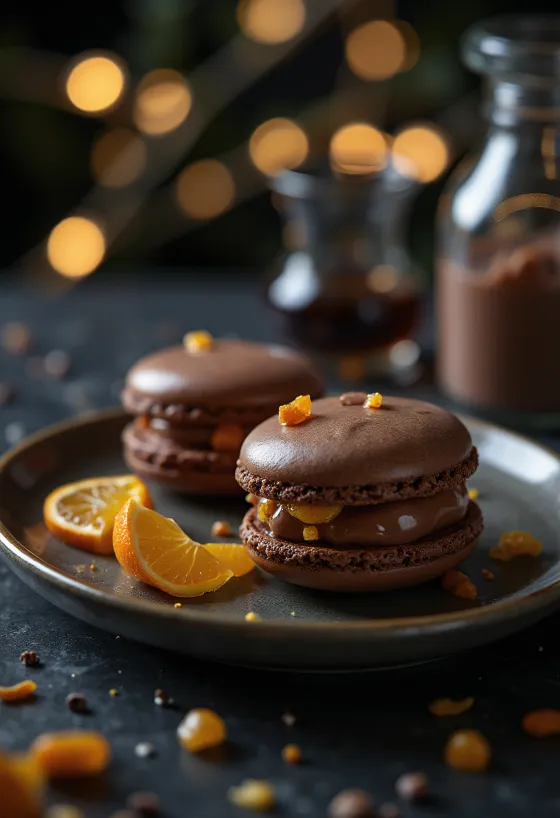 Macaron cokelat-marzipan-jeruk manisan disajikan
