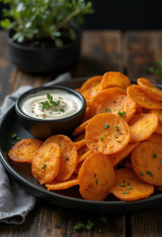 Keripik ubi jalar dengan saus pedas disajikan