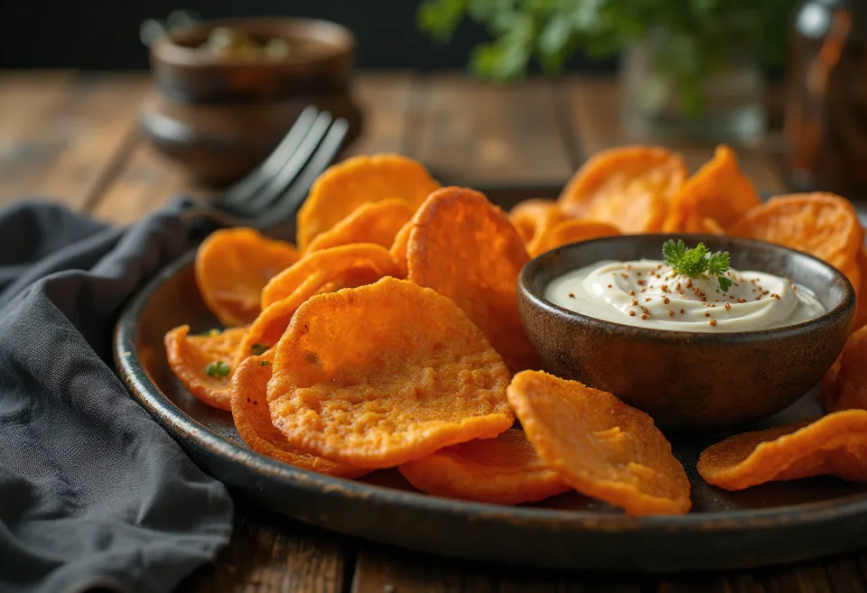 Keripik ubi jalar dengan saus pedas disajikan