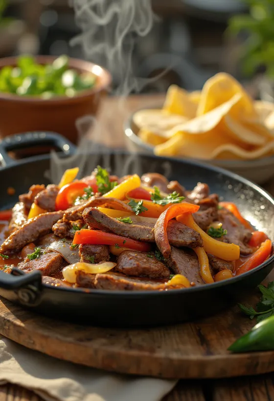 Fajita dengan steak disajikan dengan ketumbar segar dan guacamole