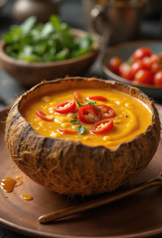 Saus santan cabai pedas dalam mangkuk, dengan ketumbar segar dan irisan cabai.