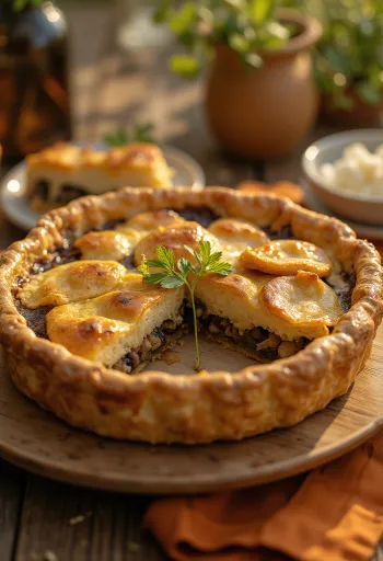 Pai vegan jamur krim dipotong-potong