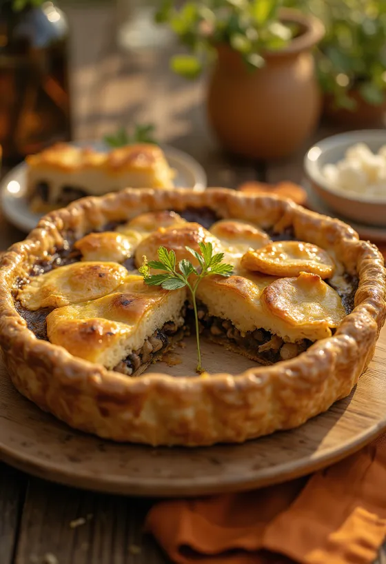 Pai vegan jamur krim dipotong-potong